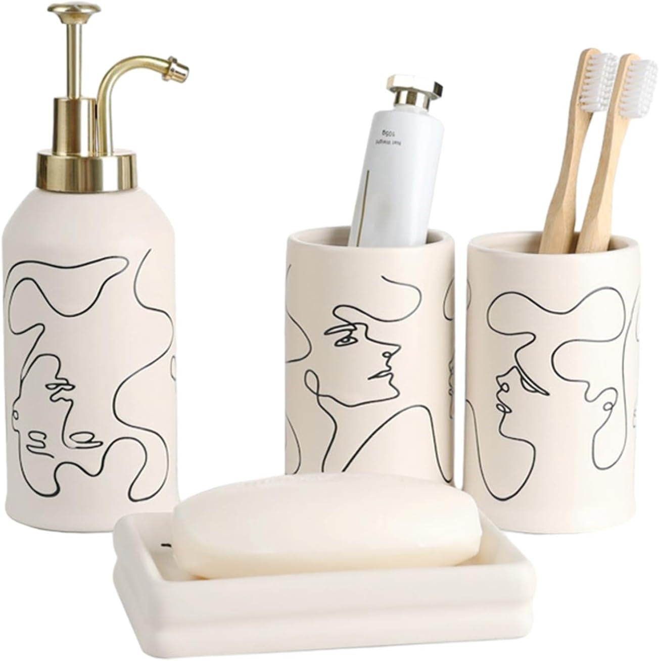 Ceramic Bathroom Accessories Set 4 Pcs, Bathroom Counter Accessories Sets with Soap Dispenser, Toothbrush Holder, Tumbler, Soap Dish, Artistic Line Face Modern Bathroom Decor Gift Set, Beige