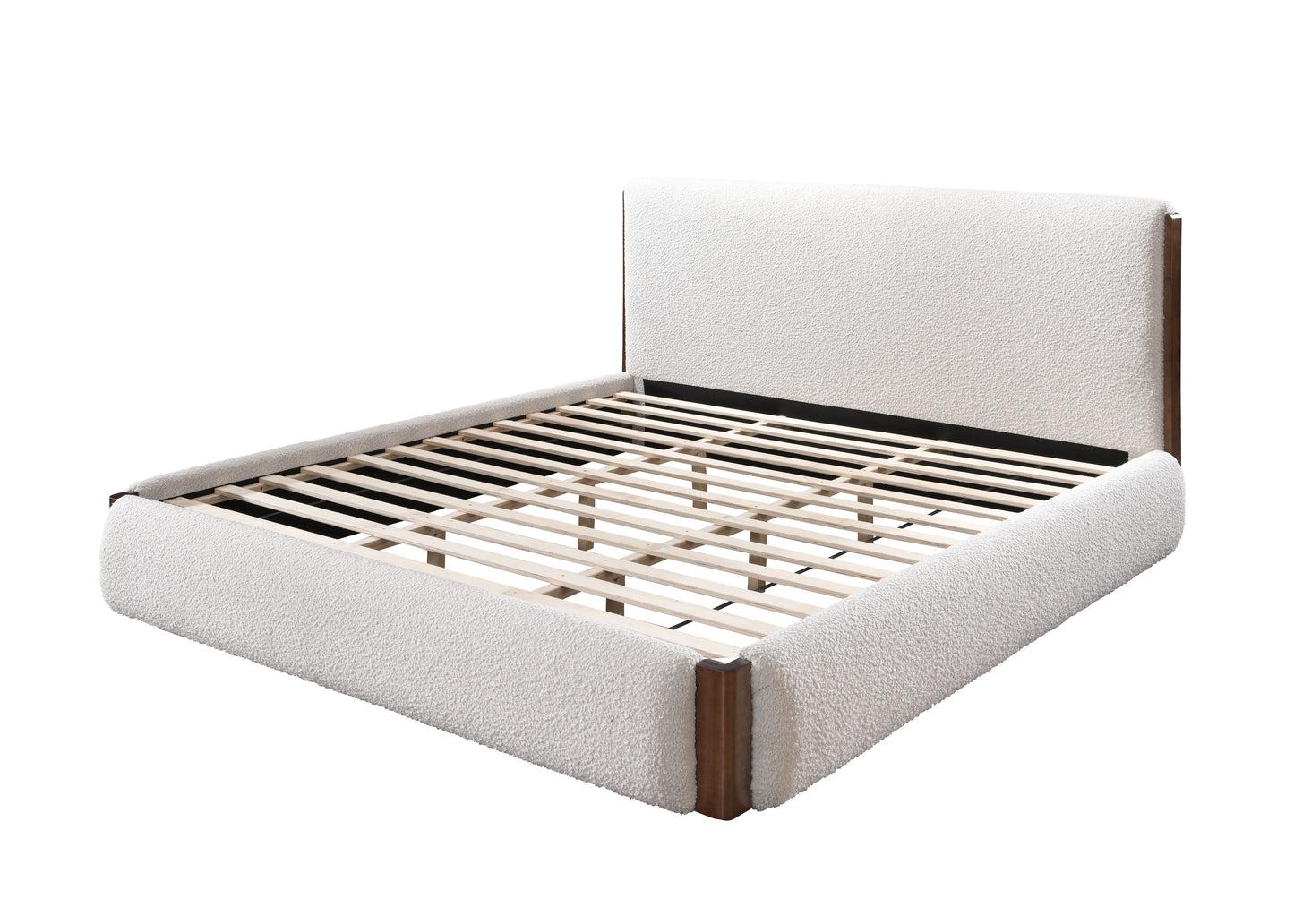 Roslyn Modern Queen Size Walnut Wood Platform Beds, White Boucle & Walnut