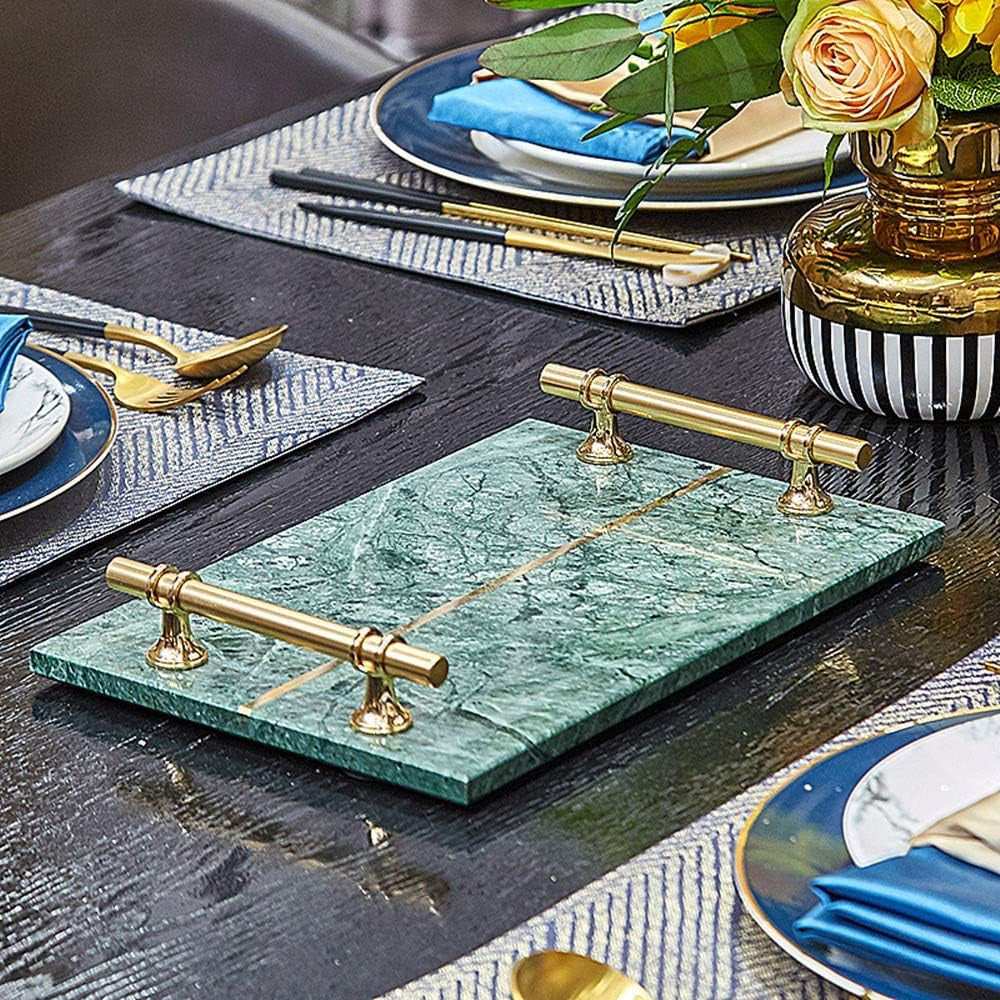 Natural Luxury Marble Tray, Bathroom Vanity Tray, Cosmetics Jewellery Perfume Tray with Metal Handles (Dark Green)