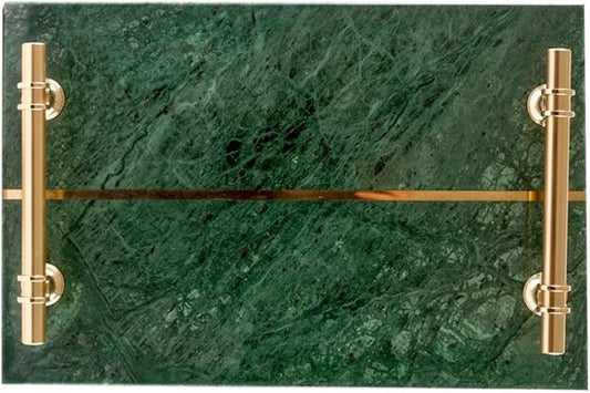 Natural Luxury Marble Tray, Bathroom Vanity Tray, Cosmetics Jewellery Perfume Tray with Metal Handles (Dark Green)