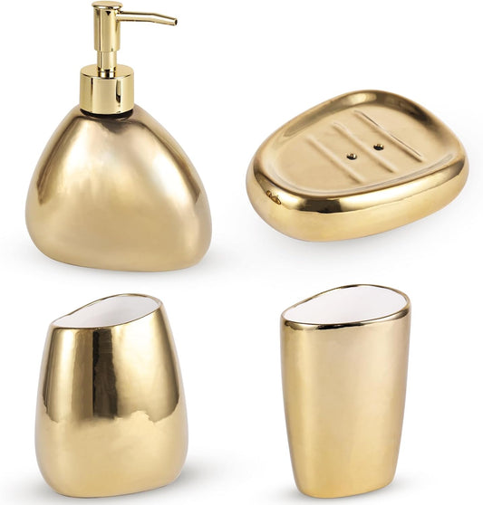 Elegant 4-Piece Electroplated Ceramic Bathroom Set, Equipped with Lotion Dispenser, Mouthwash Cup, Soap Dish, Toothbrush Holder, Modern Bathroom Decoration Set (Gold)