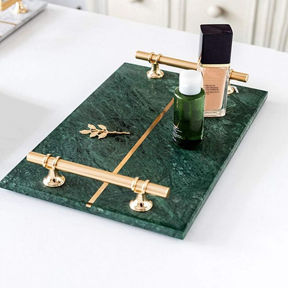 Natural Luxury Marble Tray, Bathroom Vanity Tray, Cosmetics Jewellery Perfume Tray with Metal Handles (Dark Green)