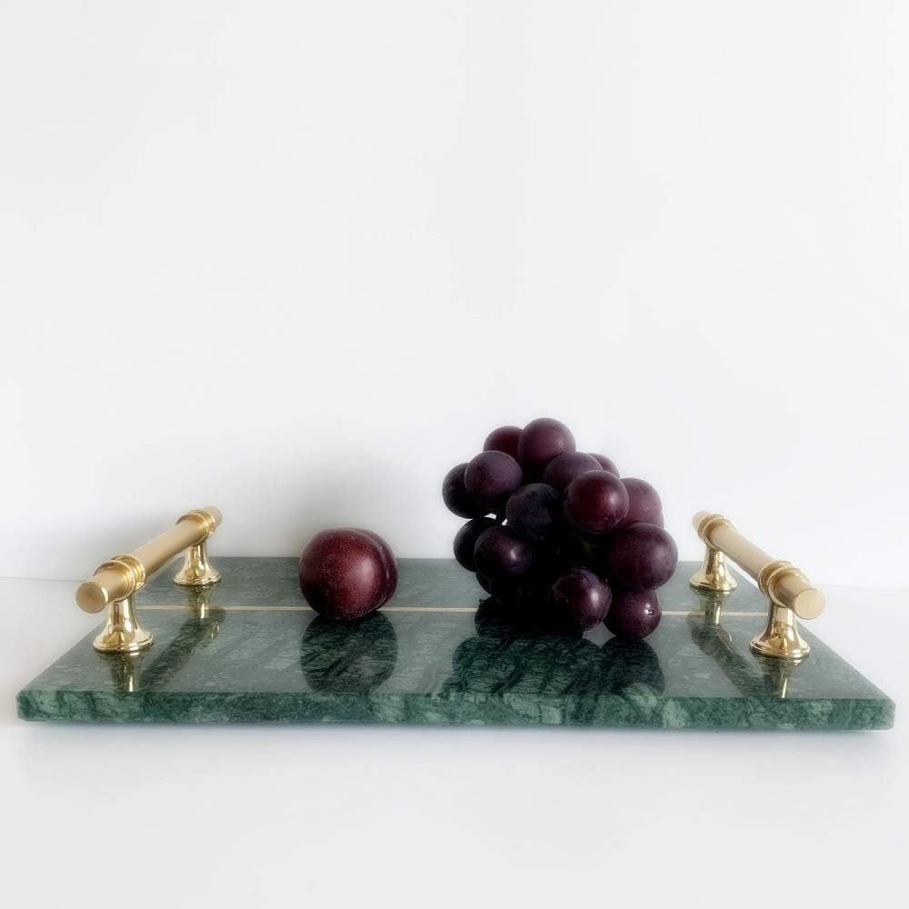 Natural Luxury Marble Tray, Bathroom Vanity Tray, Cosmetics Jewellery Perfume Tray with Metal Handles (Dark Green)