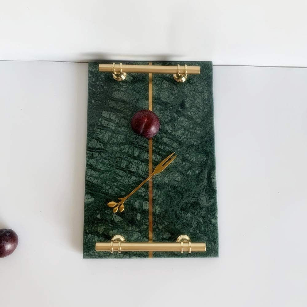 Natural Luxury Marble Tray, Bathroom Vanity Tray, Cosmetics Jewellery Perfume Tray with Metal Handles (Dark Green)