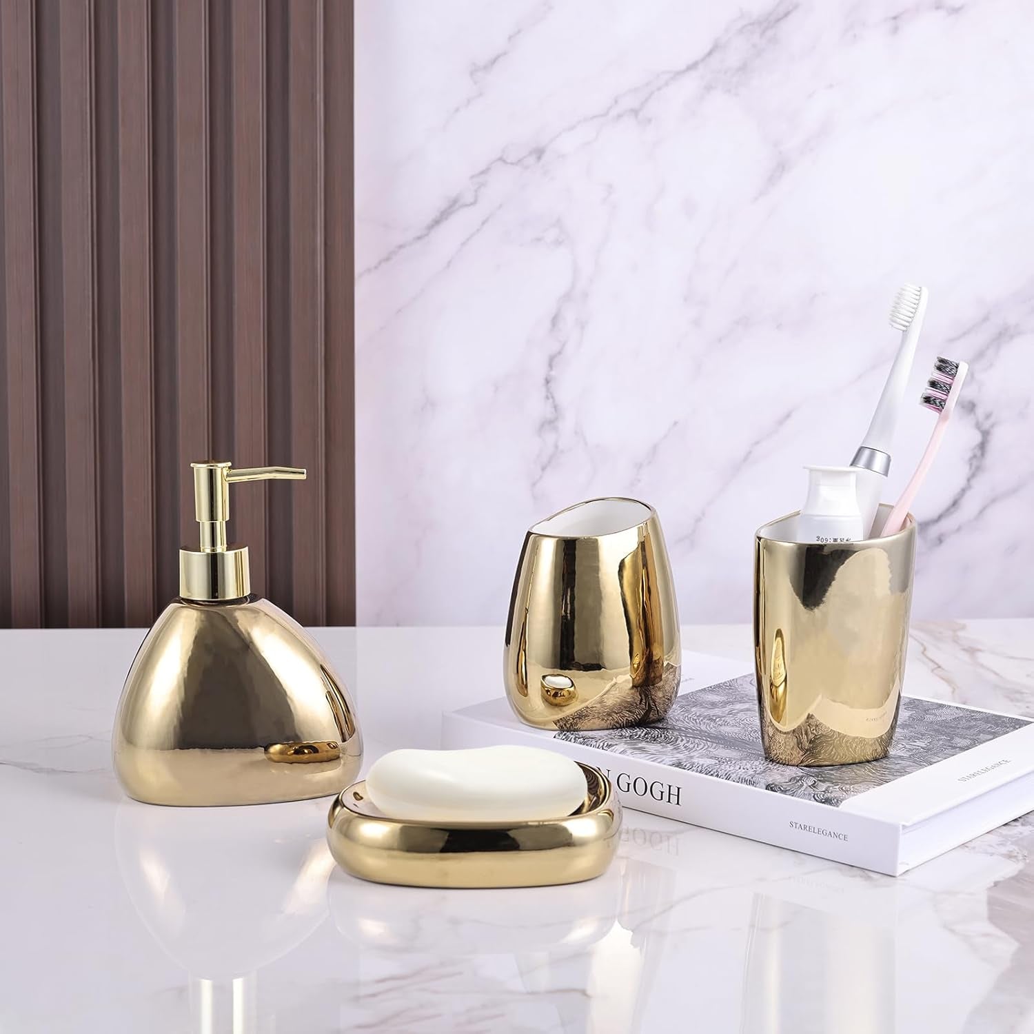 Elegant 4-Piece Electroplated Ceramic Bathroom Set, Equipped with Lotion Dispenser, Mouthwash Cup, Soap Dish, Toothbrush Holder, Modern Bathroom Decoration Set (Gold)