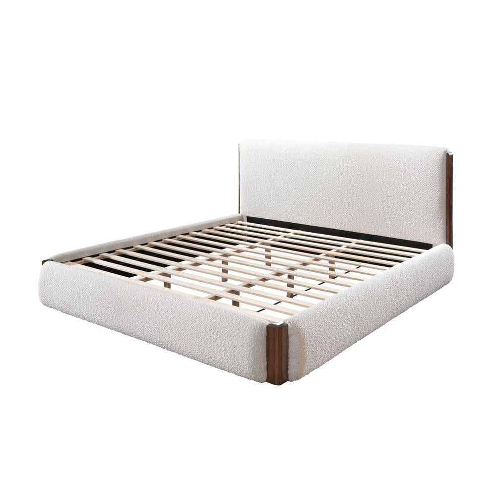 Roslyn Modern Queen Size Walnut Wood Platform Beds, White Boucle & Walnut 