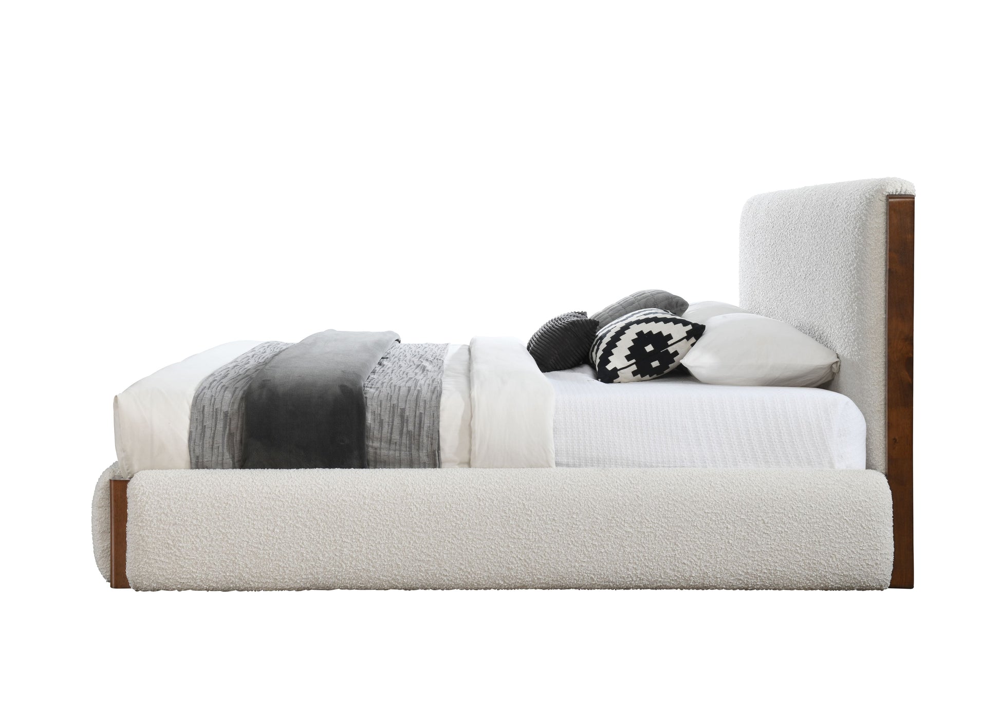 Roslyn Modern Queen Size Walnut Wood Platform Beds, White Boucle & Walnut 