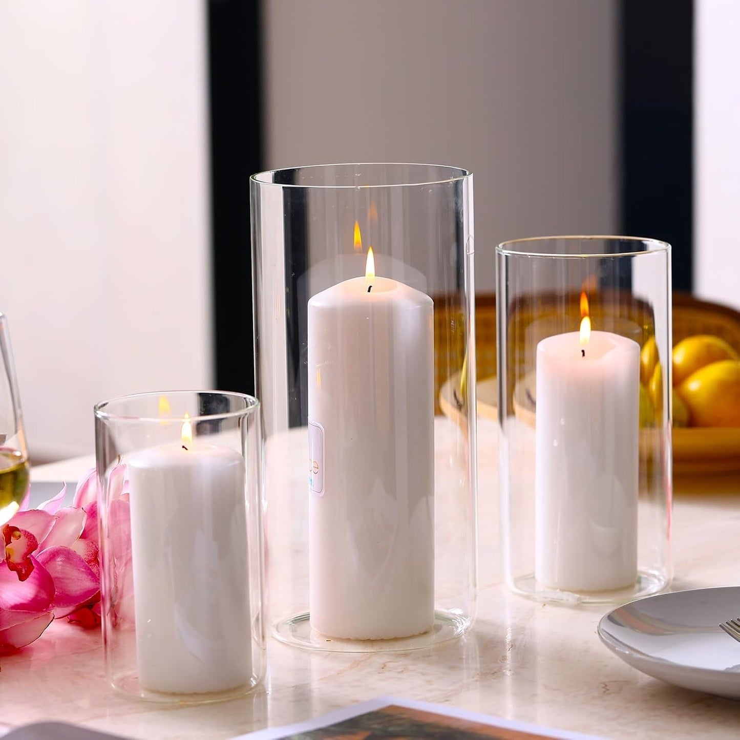 Demure Hurricane Candle Holders & Vase set 