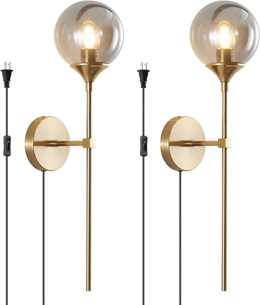 Mid Century Smoke Glass Bathroom Wall Light Plug in Set of 2 Brushed Brass Gold Long Globe Wall Sconce Lighting Plug in Cord Set of Two Industrial Wall Lamp (Smoke Gray-Plug In)